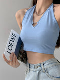 Women Halter Tank Tops Hollow Sleeveless Camis Sexy Metal Heart Backless Vest Korean Fashion Casual Kpop Crop Tops