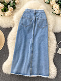Nukty Long Denim Skirt for Women Nukty Korean Fashion Vintage Tassels High Waist Single Breasted A-line Jeans Skirt with Pockets