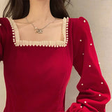 Nukty Red France Vintage Dresses Women Winter Elegant Evening Party Midi Dresses New Year Casual Designer Korean One-Piece Dress Christmas