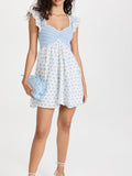 Nukty Spring Summer New Vintage Casual Chic Printed Elastic High Waist Slim Flying Sleeves Square Neck Mini Short Dress Woman