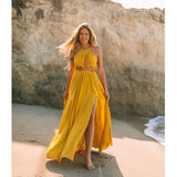 Backless Beach Maxi Dress Sexy Halterneck Split Sleeveless A-line Women Dresses Fashion Neck-mounted Robe  Summer