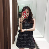 Nukty Vintage Summer Women Tweed Bandage Dresses for Women Party Sleeveless Bow O-Neck Plaid Elegant Casual Empire Bodycon Short Dress