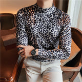 Nukty Flannel T-shirt Winter Men High Collar Pullover Fashion Leopard Slim Fit T-shirt Long Sleeved Velvet Casual Bottoming Shirt