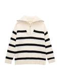Nukty Casual Knitted Sweater Autumn Femme Vintage V Neck Striped Loose Elegant Pullover Chic Jumper Women's Long Sleeve Top