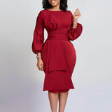 Nukty Puff Sleeve Midi Dress Women Ruffle Crew Neck Formal Party Cocktail Pencil Dress with Bow Belt  Vestidos