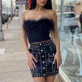 Nukty Women Tube Tops Solid Color Feather Furry Trim Sleeveless Off Shoulder Backless Back Zipper Slim Fit Crop Tops