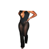 Nukty Summer Nightclub Halterneck See Through Mesh Jumpsuit Woman Sexy Strappy Hollow Stitching Flared Trouser Romper