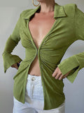 Nukty Ruched Long Sleeve Shirt Women Elegant Fashion Woman Blouses Autumn Winter Casual Long Shirt White Green Blouse Top