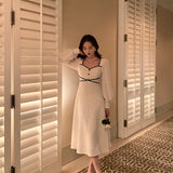 Nukty Vintage Button Dresses for Women Fairy Midi Party Dress Evening Office Lady Design One Piece Dress Elegant Korean Spring