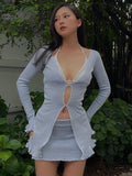 Sexy V Neck Long Sleeves Hollow Out Ruffles Top + Mini Skirt 2 Pieces Sets Women Summer Casual Party Club Blue Outfits