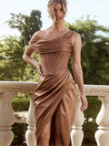 Nukty Stretch Satin Elegant Dress Women High Split One Shoulder Sexy Party Dress  Summer Dresses With Fishbone Vestidos
