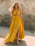 Backless Beach Maxi Dress Sexy Halterneck Split Sleeveless A-line Women Dresses Fashion Neck-mounted Robe  Summer