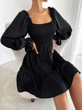 Spring/Summer New Ladies Fashion Dress Pullover Square Neck Long Sleeve Ruffle High Waist Tight Temperament Office Dress