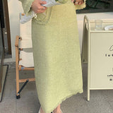 Nukty Spring Green Tweed Two Piece Set Women Skirt Korean Fashion Long Sleeve Jacket + Midi Skirt Suits Vintage Femme 2 Pieces Outfits