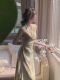 Nukty Vintage Sexy Sleeveless Neck-mounted Party Maxi Dresses for Women Halter Spaghetti Strap Folds Midi Dress Elegant Fashion Summer