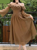 Nukty Fairycore Dress for Women Fashion Sweet Ruffle Slash Neck Backless Vintage Dress Elegant Long Sleeve Women Dress