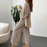 Women Cotton Linen 2 Pieces Pajamas Set Long Sleeve Cardigan Tops Elastic Wide Leg Pants Suit Loose Sleepwear Set Ladies Outfits