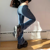 Nukty Y2K Aesthetics Retro Buttons Full Length Blue Denim Pants Women Slim Streetwear 2000s Cute Pockets Trim Low Rise Jeans