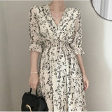 Nukty Vintage Korea Fashion Clothing Summer Slim Elastic Waist A Line V Neck Elegant Office Lady Floral Chic Chiffon Long Dress Retro