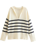Nukty Casual Knitted Sweater Autumn Femme Vintage V Neck Striped Loose Elegant Pullover Chic Jumper Women's Long Sleeve Top