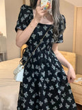 Nukty Vintage Black Square Collar Bandage Puff Sleeve Print Chiffon Midi Maxi Dresses for Women Party Dress Korea Clothing Summer