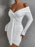 Nukty Sexy Tight Long Sleeve Short Club Dress White Evening Bodycon Dresses For Women Off Shoulder Party Mini Dress