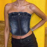 Nukty Sexy Denim Skirt Women Set Tube Tops Fur Edge Mermaid Dress Female Streetwear Set Summer Slim Sleeveless Spicy Suits