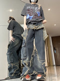 Nukty Y2K Vintage Men Korean Blue Streetwear Oversize Star Aesthetic Straight Trousers Wide Leg Jeans Grunge Denim Pants Women Clothes
