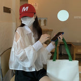 Nukty Shirts Women Hole Temperament Sun-proof Ins Vacation Thin Korean Style Sheer Off-shoulder BF Summer Students Beach