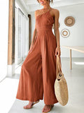New Women's Jumpsuit Single Shoulder Strap Pleated High Waist Casual Wide Leg Jumpsuit Elegant Hakama Jumpsuit Women