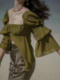 Summer New T-shirt Flared Sleeve Elegant Fashion Shirt Pullover Long Sleeve Square Collar Slim Fit Blouse Top Harajuku