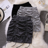 Nukty Draw String Cotton Mini Skirt Girls Summer Elastic Waist Grey Black Split Folds Skirts Women Sexy Bottoms