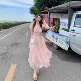 Nukty Vinatge Sweet French Midi Dresses Women Casual Short Sleeve Beading Chiffon Dress Elegant Female Party One Piece Dress Korean