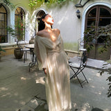 Nukty Vintage Korean V-neck Pleated Maxi Dresses for Women Ladies Party Fringed Lace Puff Sleeve Ruffled Lady Dreses Elegant Summer