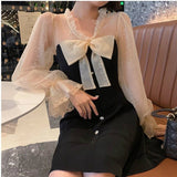 Nukty Vintage Elegant Mini Party Dress for Women Casual Lace Long Sleeve Dresses Bow Sexy One Piece Dress Korean Black Autumn New
