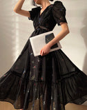 Nukty Floral Dress for Women Fashion Vintage Short Sleeves V Neck Summer Dress French Style Folds Pullover Maxi Dress