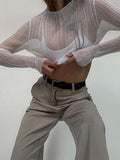 Sexy See Through Long Sleeve Mock Neck Women Tops Fashion Streetwear T-Shirts Tees New Elegant Ladies Slim Clothes