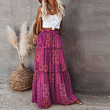 Summer High Waist Long Printed A-Line Skirt Floral Skirt Women Casual Beach Faldas Female Boho Elastic Waist Holiday Maxi Skirts