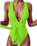 Nukty Fashion Sexy Plunging Swimsuit One Piece Swimwear Women Summer Backless Bathing Suit Women Belted Swimming Suit for Women Bakini
