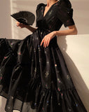 Nukty Floral Dress for Women Fashion Vintage Short Sleeves V Neck Summer Dress French Style Folds Pullover Maxi Dress