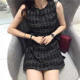 Nukty Vintage Summer Women Tweed Bandage Dresses for Women Party Sleeveless Bow O-Neck Plaid Elegant Casual Empire Bodycon Short Dress