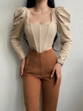 Summer New Women's Tops Retro Square Collar Pure Desire Long-sleeved Sexy Puff Sleeves Fishbone Corset Short Tops