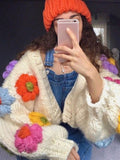Winter Women's Cardigans Multicolor Floral Knitted Decoration Long Sleeve Loose Coats Warm Sweaters 3 Colors