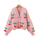 Winter Women's Cardigans Multicolor Floral Knitted Decoration Long Sleeve Loose Coats Warm Sweaters 3 Colors