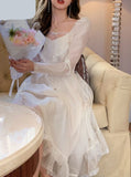 Nukty Fairy Elegant Pure Color Dress Woman Party One Piece Dress Korea Style Casual Long Sleeve Vintage Midi Dress Bandage