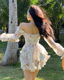 Nukty Casual Beach Party Mini Dress Women Summer Elegant Floral Long Sleeve Fairy Dress Female Y2k Korean Fashion Chic Sexy Dress