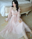 Nukty Elegant Evening Party Midi Dress Women Bubble Sleeve French Vintage Sweet Dress Female Pink Korean Style Fairy Dress Autumn