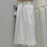 Boho Elegant White Long Skirt Women Hook Flower Hollow Folds Hem High-waisted Skirts Casual Holiday Female Clothes