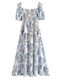 Nukty New Summer Women Vintage Fruit Floral Print Square Neck Puff Sleeves Elastic Sexy Side Slit Long  Midi Dress