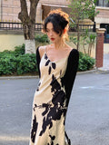 Nukty Vintage Elegant Print Spaghetti Strap Midi Dress for Women Party Fashion One Piece Bodycon Prom Robe Vestidos Summer Korean